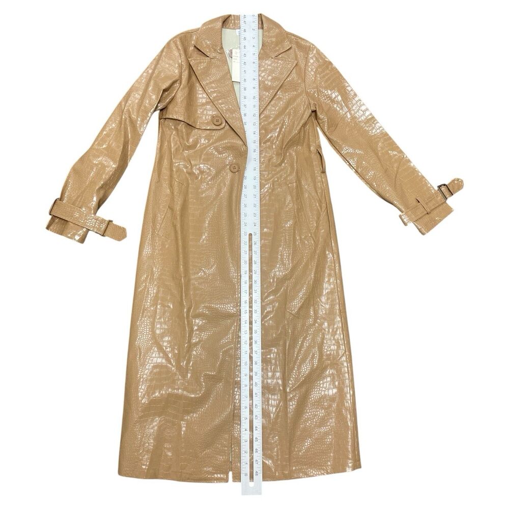NWT Hot & Delicious Long Trench Coat Faux Leather W Pockets Small Taupe No Belt - Picture 5 of 6